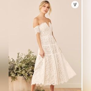 Lulus Absolutely Stunning White Lace Off-the-Shoulder Midi Dress NWT